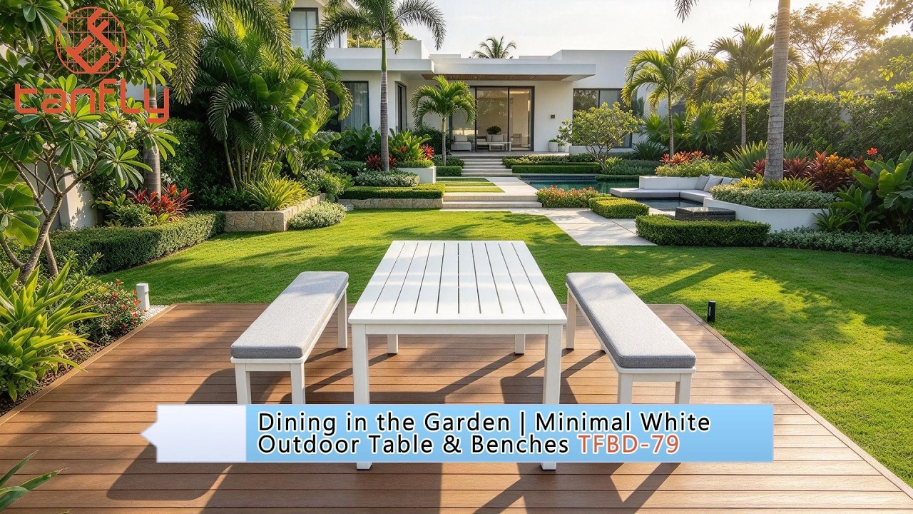 Dining in the Garden | Minimal White Outdoor Table & Benches TFBD-79