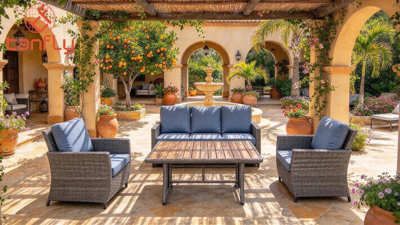 Spanish Style Courtyard Tour Featuring a Relaxing Outdoor Sofa TFBD-15